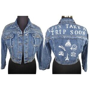 Women's Custom Denim Jacket Studded Travel Art Size Petite M